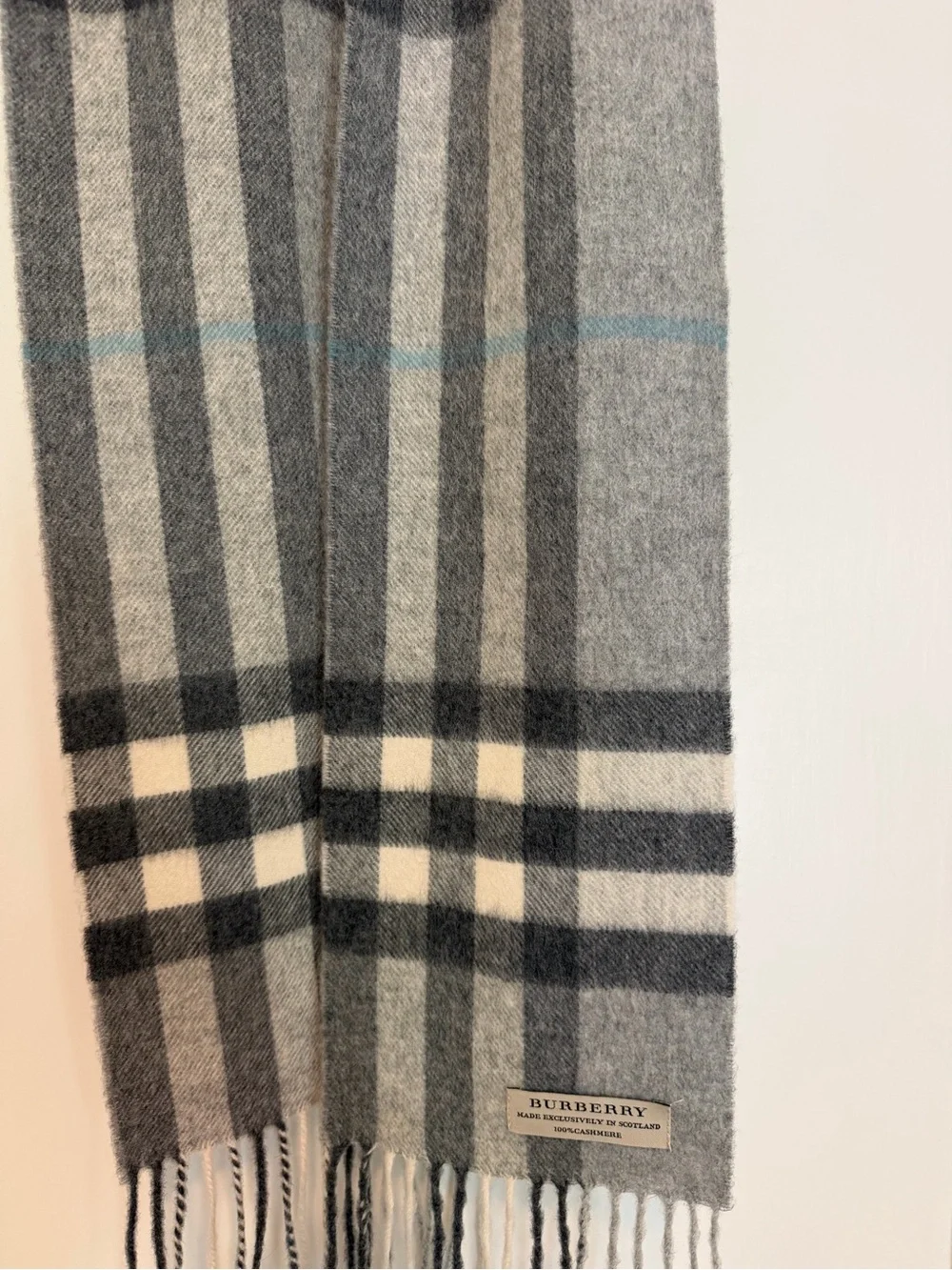 Burberry Gray, Cream and Blue Check Cashmere Scarf